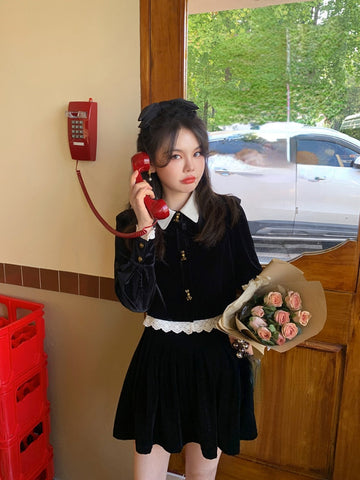 Yipinpay Autumn Velvet Suit Long Sleeve Lace Crop Tops + Pure Color Slim Mini Skirt Woman Vintage 2 Piece Dress Set Korean Fashion